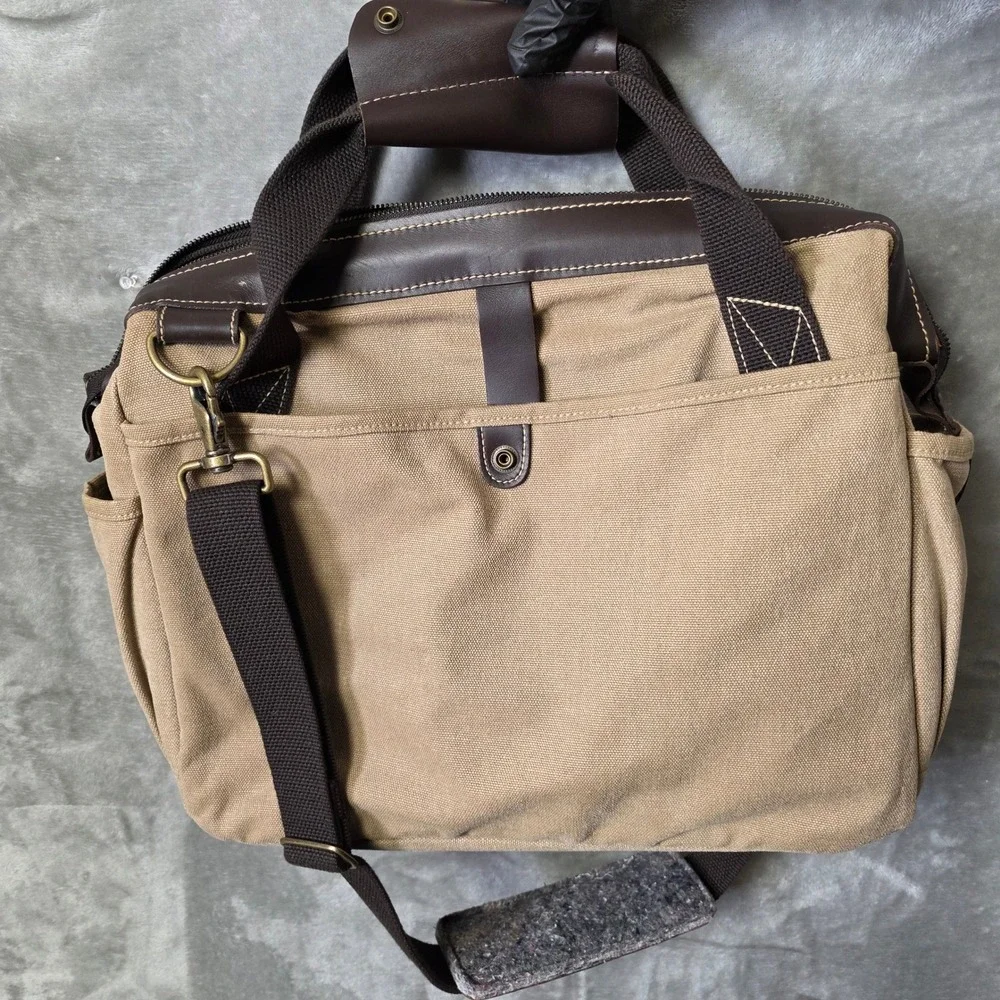 H.S. Trask Canvas Leather Laptop Briefcase Messenger Bag Mens Tan‎ GOOD Travel